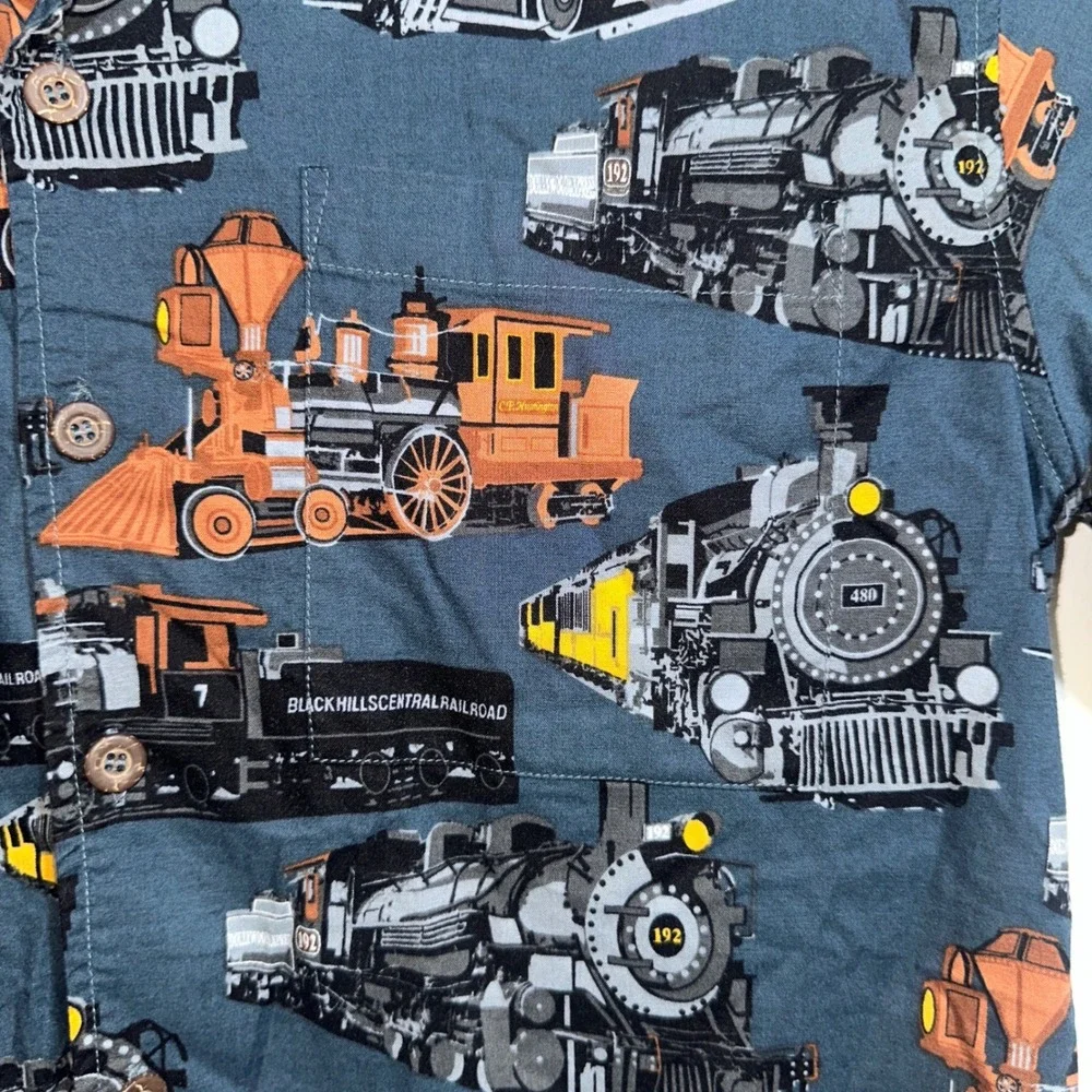 David Carey Originals Mens M Steam Train Locomotive Print Button Down Camp Shirt